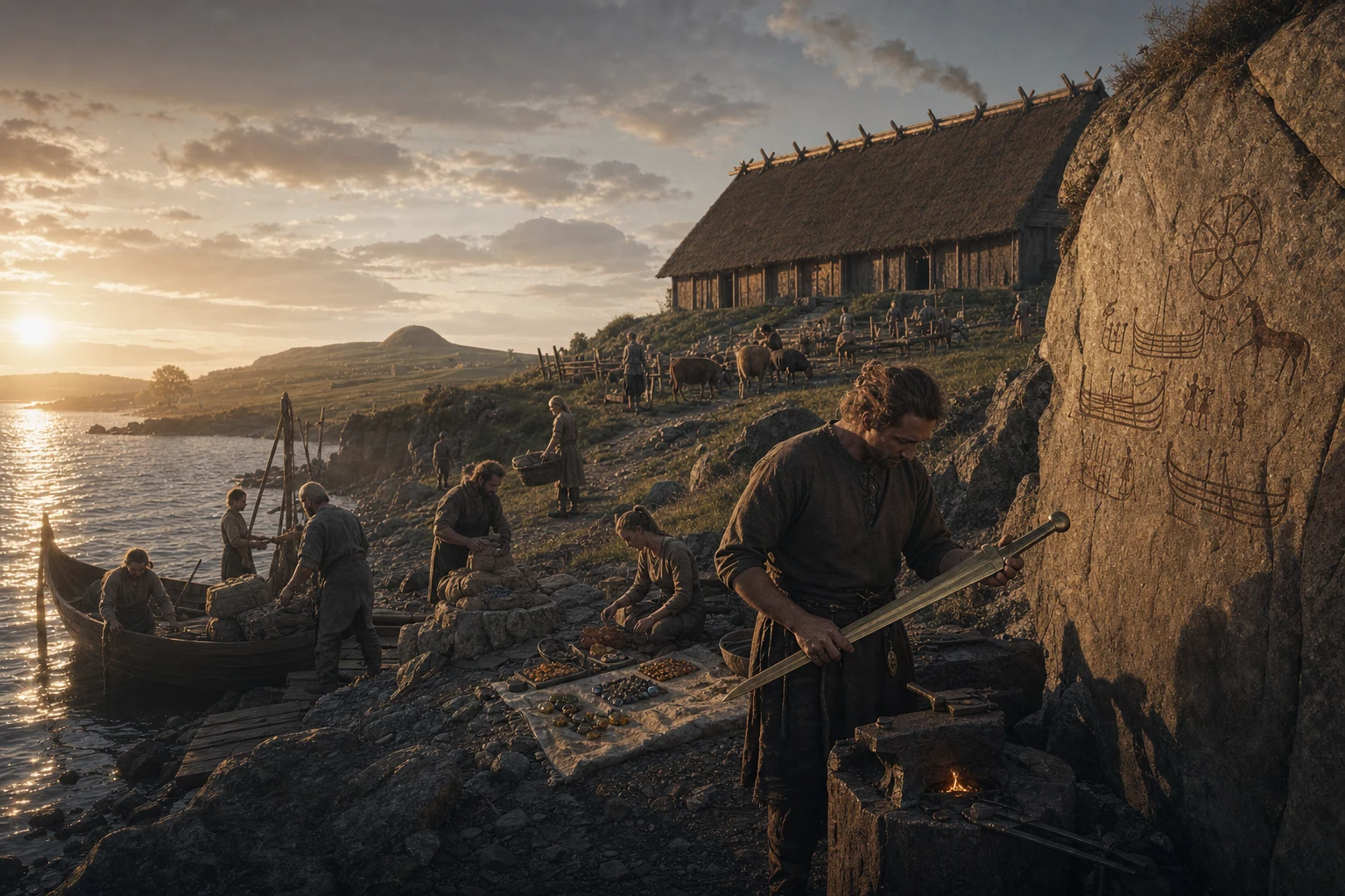 A Nordic Bronze Age coast with longhouse, boat, burial mound, amber, sword and carved ship images.