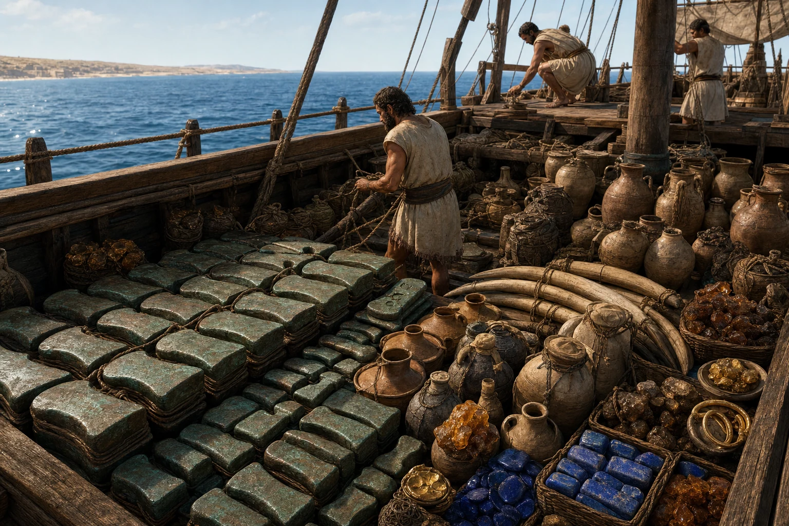 The Uluburun ship carries copper and tin ingots, jars, glass, ivory, amber and gold across the Mediterranean.