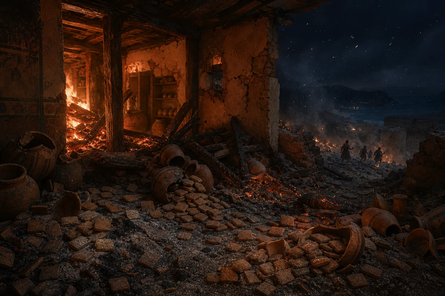 A Mycenaean archive burns at night as clay tablets, jars and roof beams fall into ash.