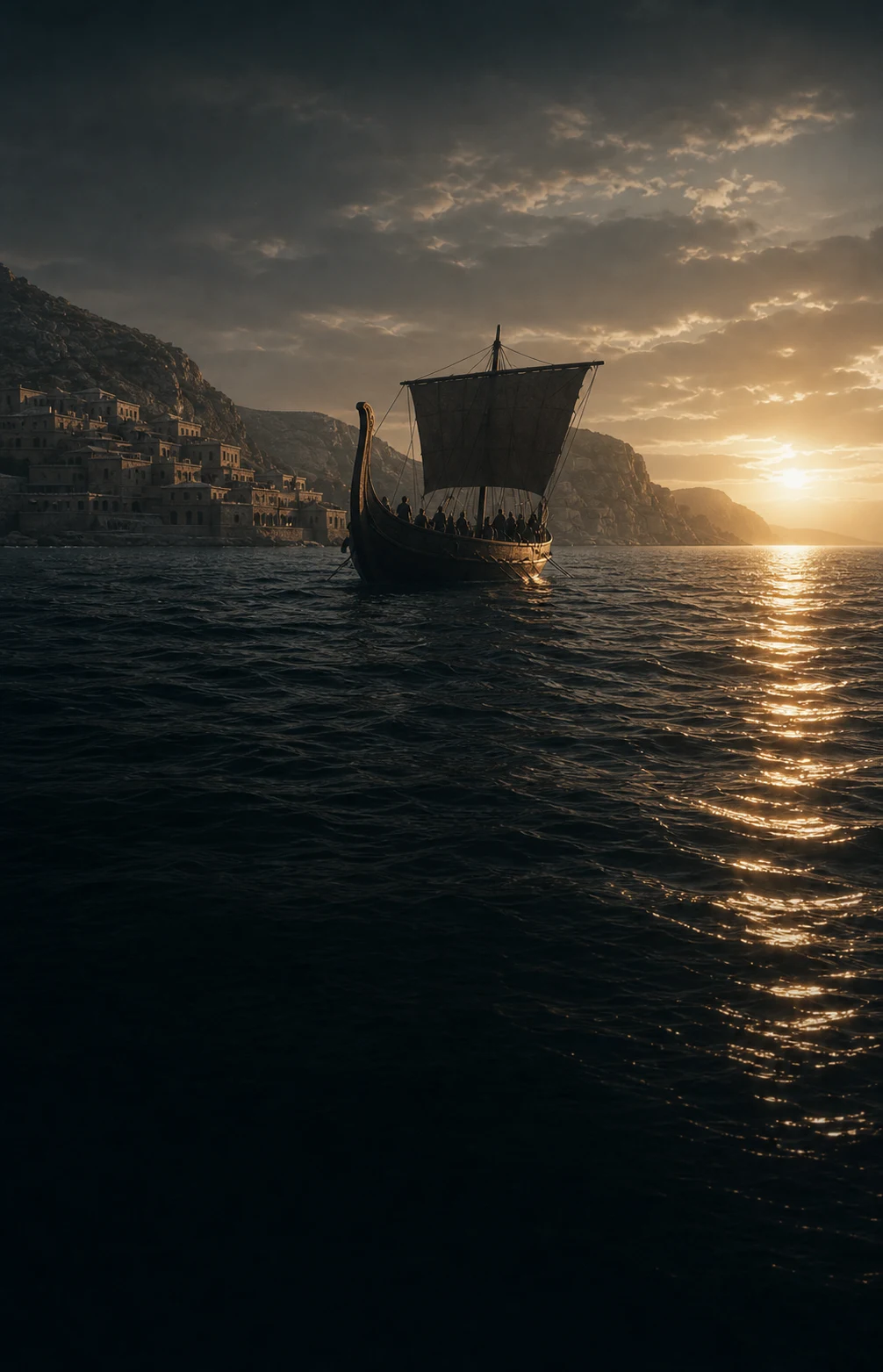 A Bronze Age sailing vessel crosses the Mediterranean at dawn beneath a limestone harbour.