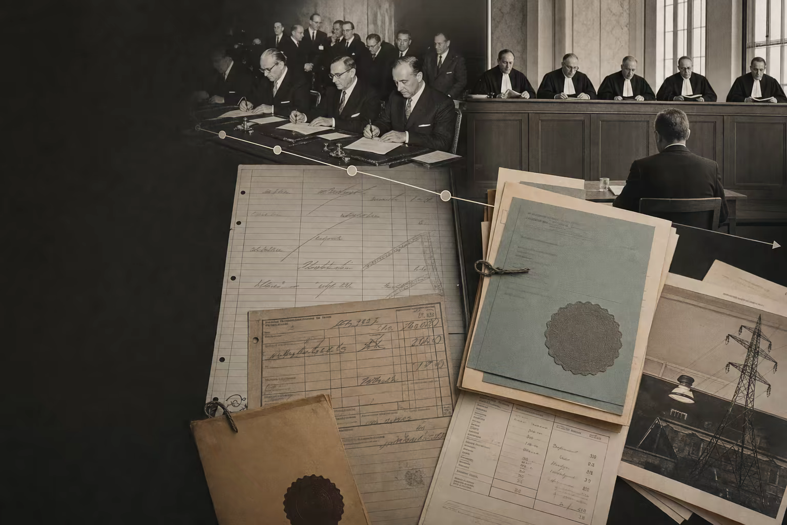 The Rome treaty signature table leads to a Luxembourg courtroom where a customs form and electricity bill sit beneath layered judgments.