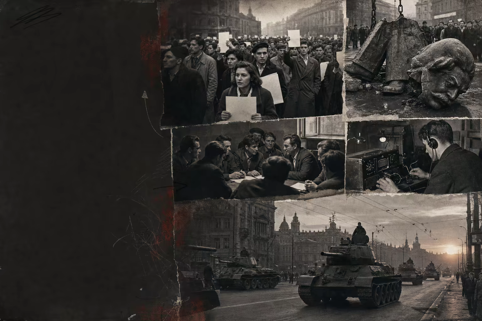 A monochrome sequence moves from student demands and the fallen Stalin statue to a street radio, workers’ council notice and Soviet armour.