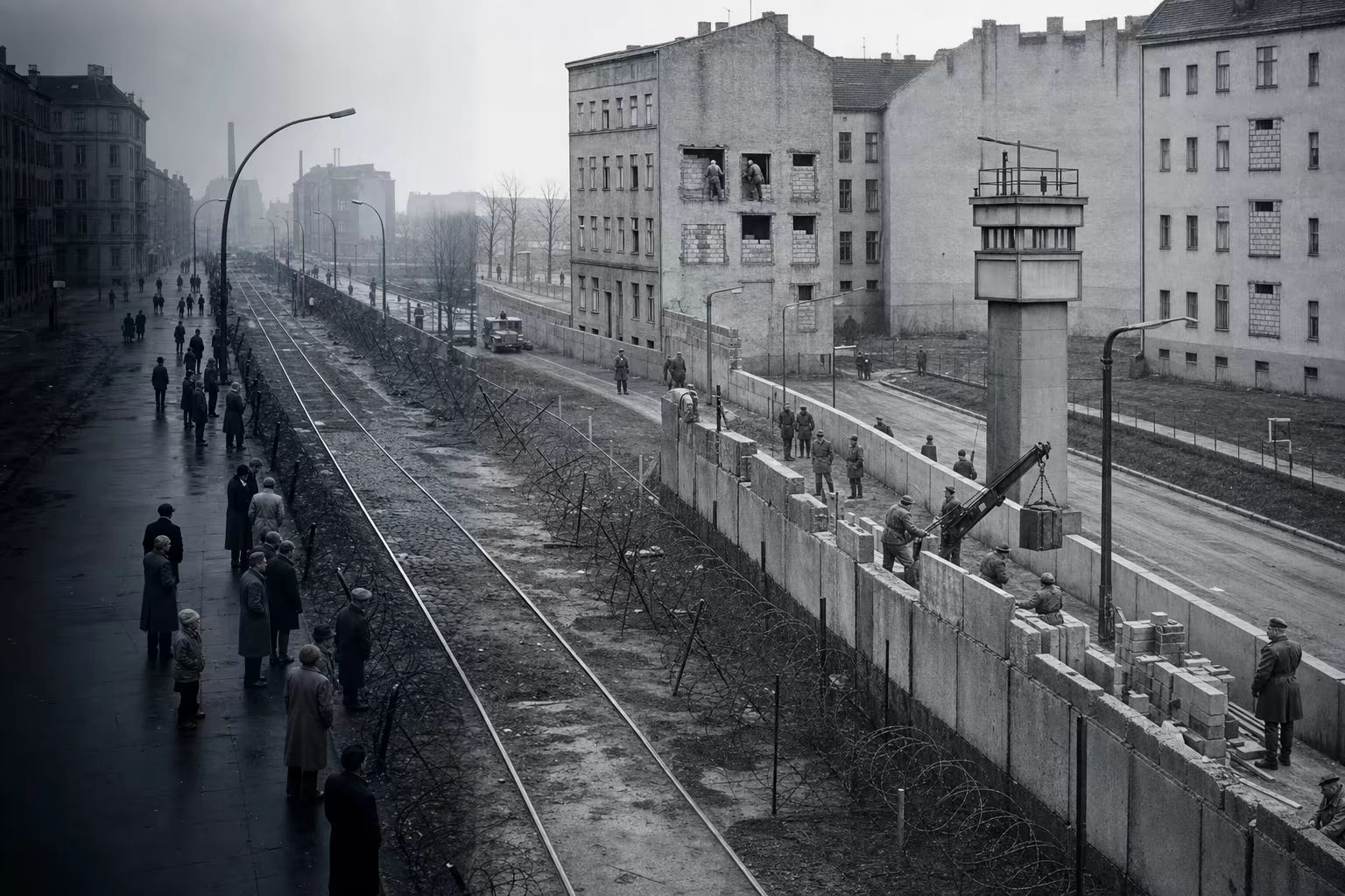 A dated Bernauer Strasse panorama shows the boundary changing from barbed wire to blocked windows, concrete, patrol road and guarded border strip.