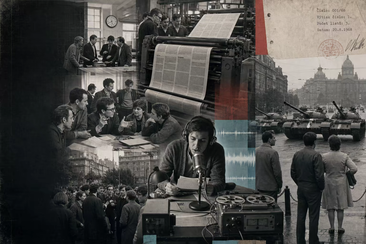 A Prague newspaper press and live radio transcript open onto Wenceslas Square before a dated Soviet-led invasion notice closes the official page.