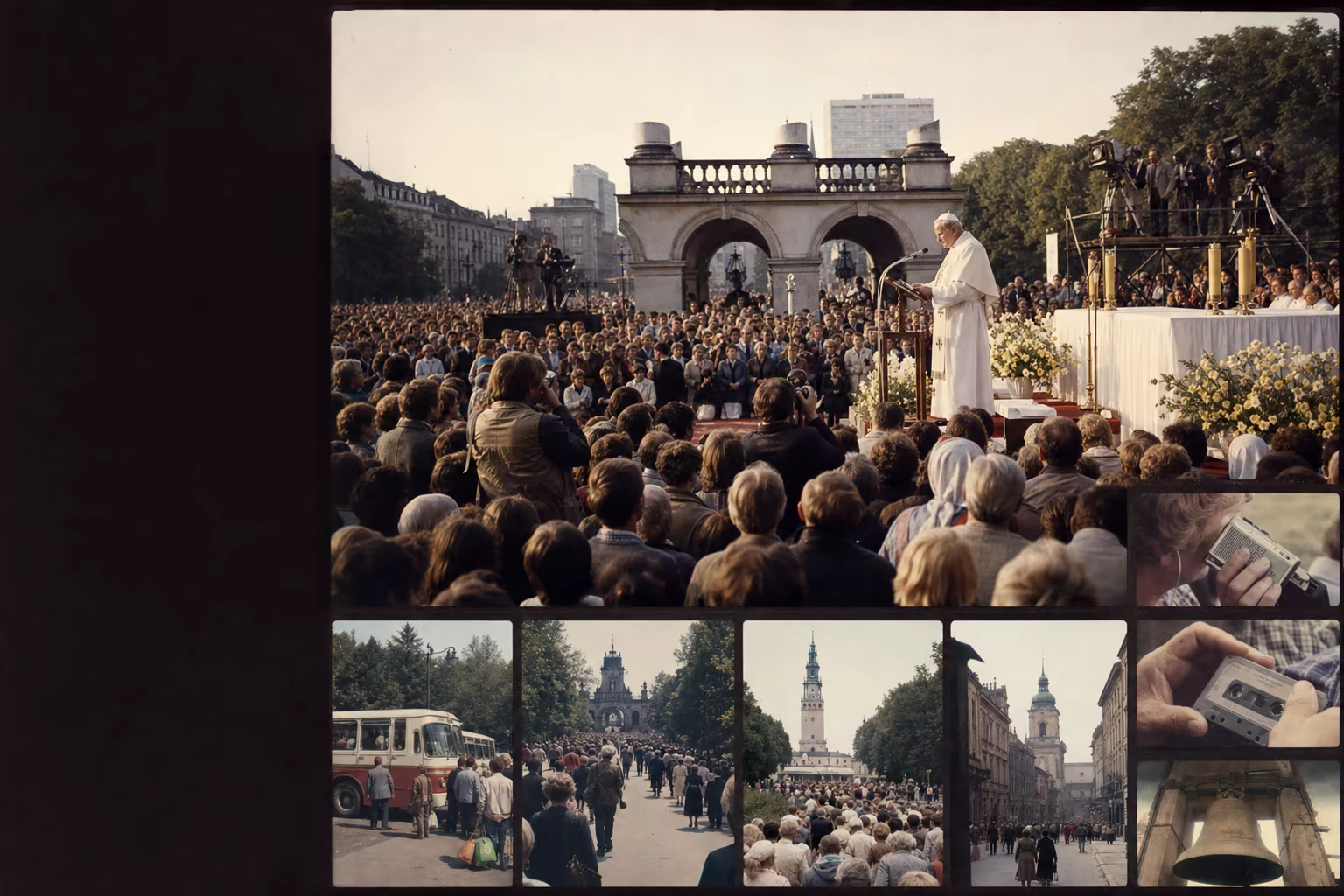 A reconstructed Victory Square crowd surrounds John Paul II at the public altar while a restrained pilgrimage route links Warsaw, Częstochowa and Kraków.