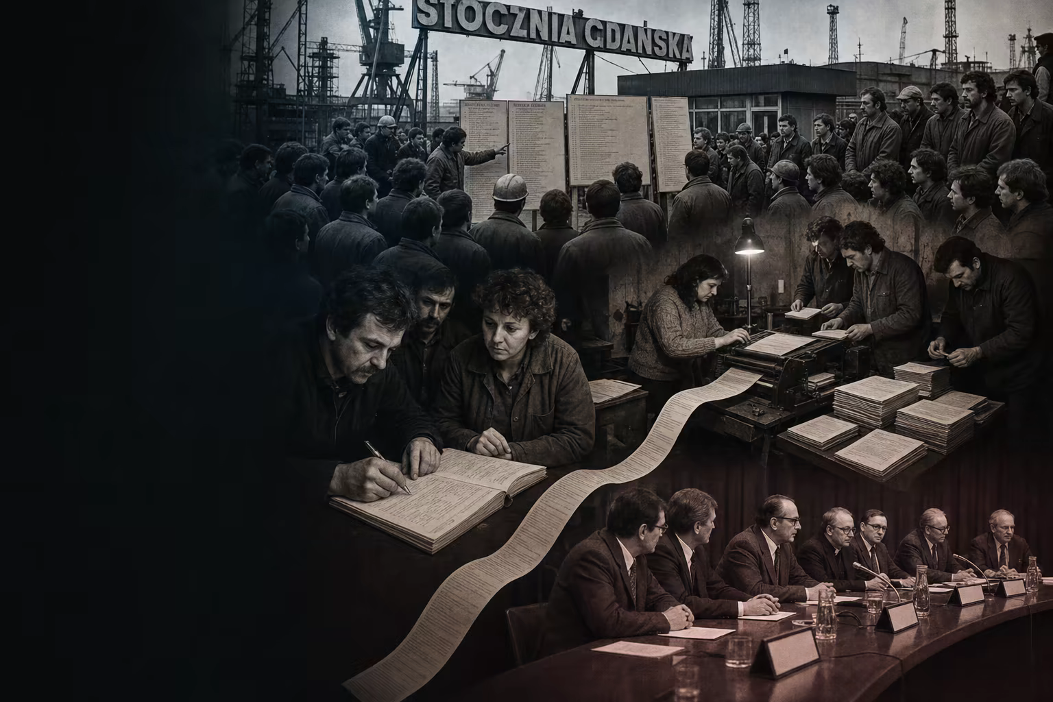 The Gdańsk shipyard gate, Twenty-One Demands boards, a Solidarity membership card, underground press and Round Table nameplate form one documentary sequence.