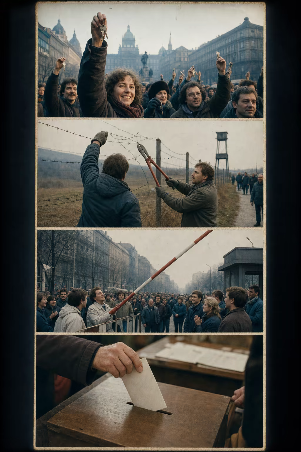 Four dated panels show a Polish ballot, cut Hungarian border wire near Sopron, the opened Bornholmer Strasse checkpoint and keys raised in Wenceslas Square.