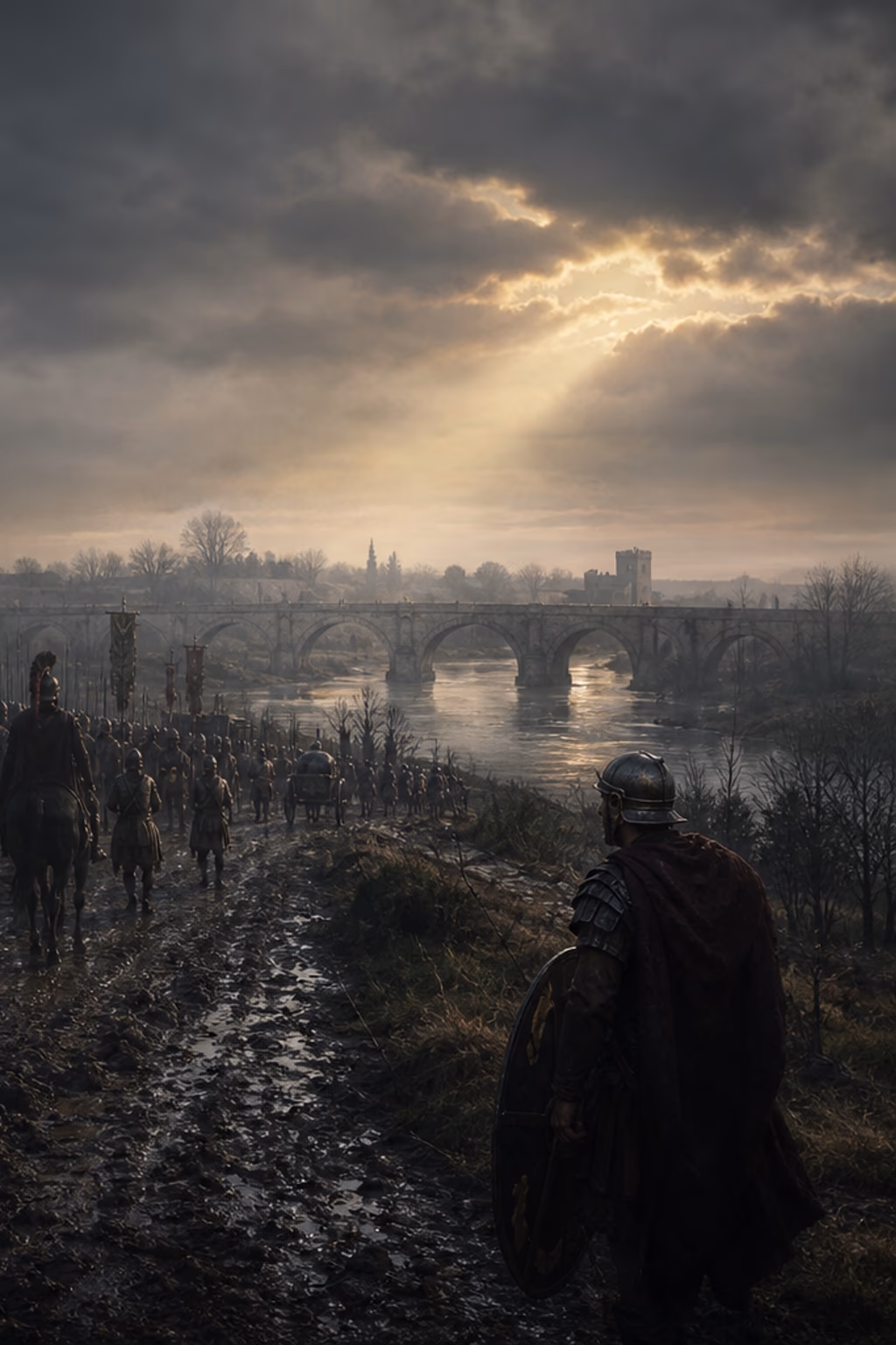 Constantine’s soldiers gather in cold dawn light beside the Tiber before the Battle of the Milvian Bridge, with a Christian military standard rising among Roman spears.