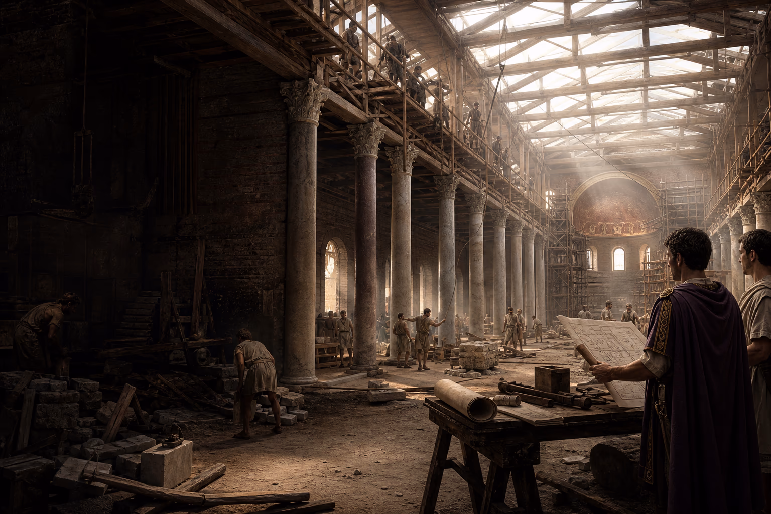 Workers and clergy raise the timber roof and colonnades of a Constantinian Christian basilica while imperial officials inspect plans.
