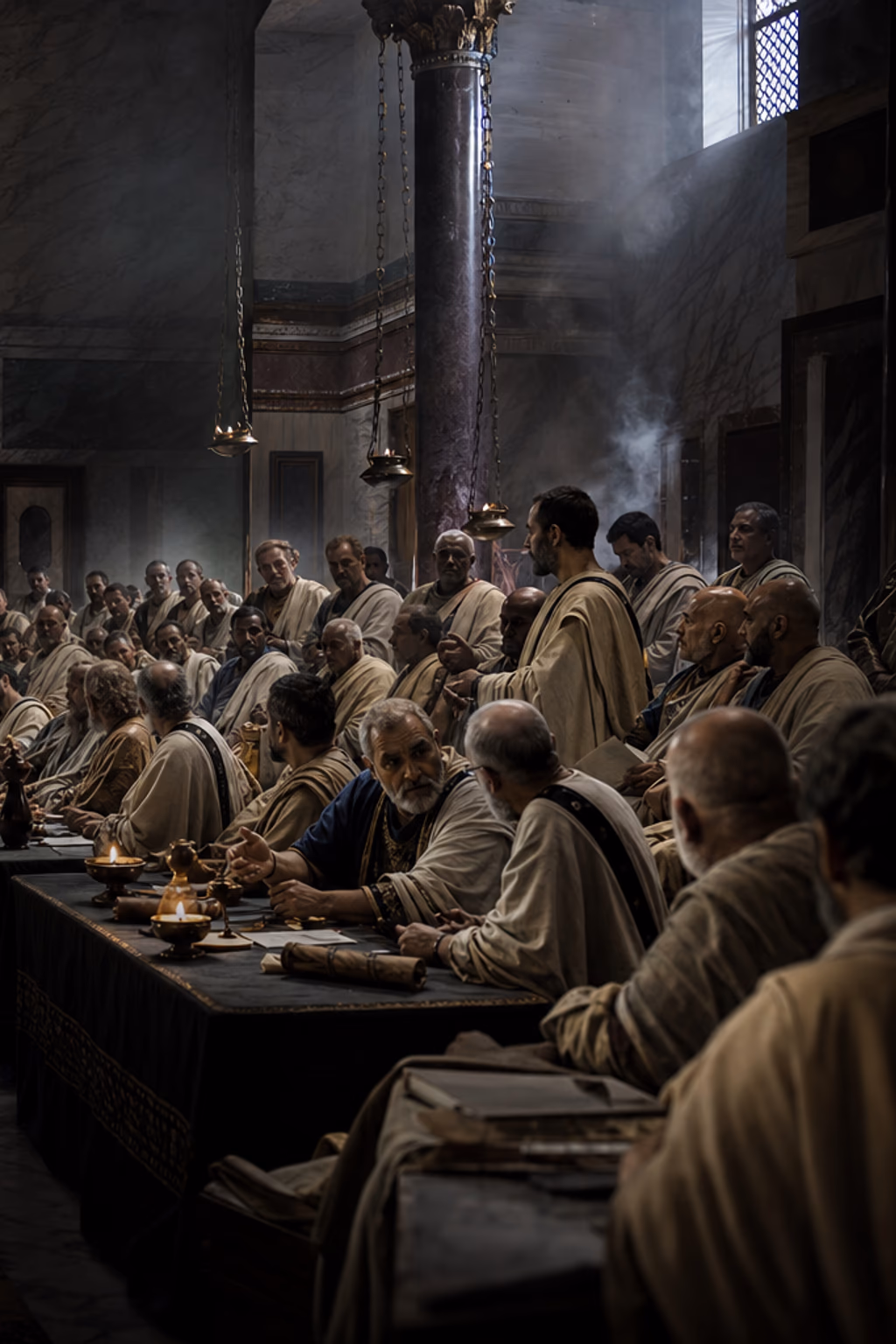 Bishops debate across a long council hall at Nicaea while Constantine listens from a low imperial seat beneath smoking lamps.