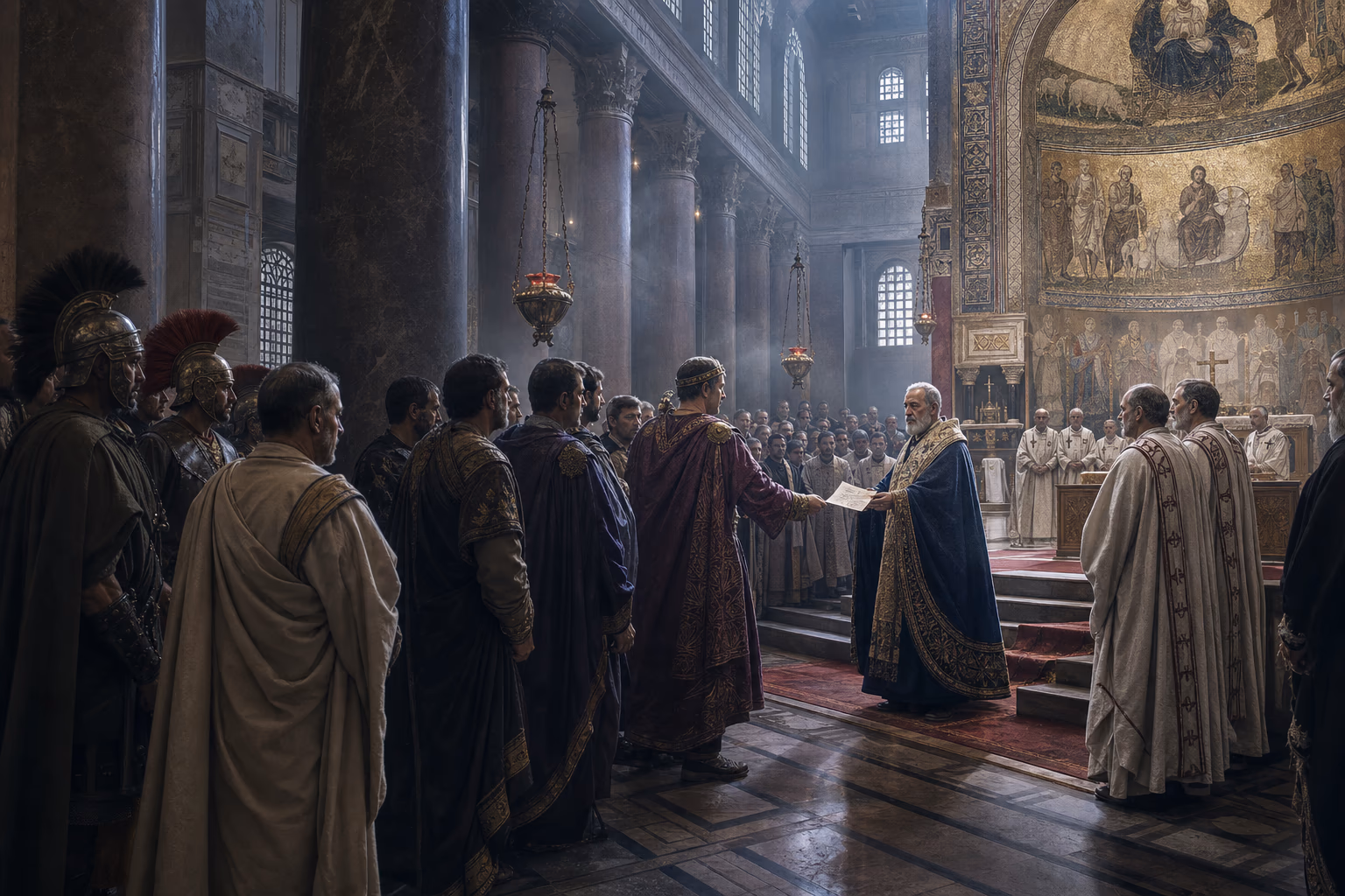 Theodosius and Roman officials enter a Constantinopolitan church as a Nicene bishop receives the imperial law beneath lamps and porphyry columns.