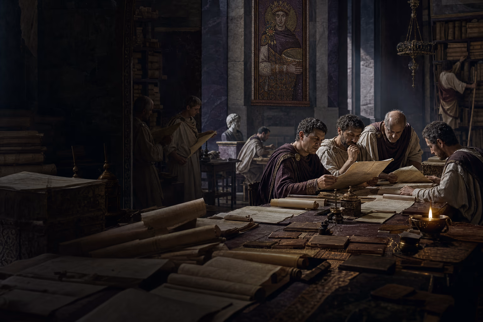 Tribonian’s legal commission works among wax tablets, papyrus rolls and bound codices beneath a porphyry imperial portrait.