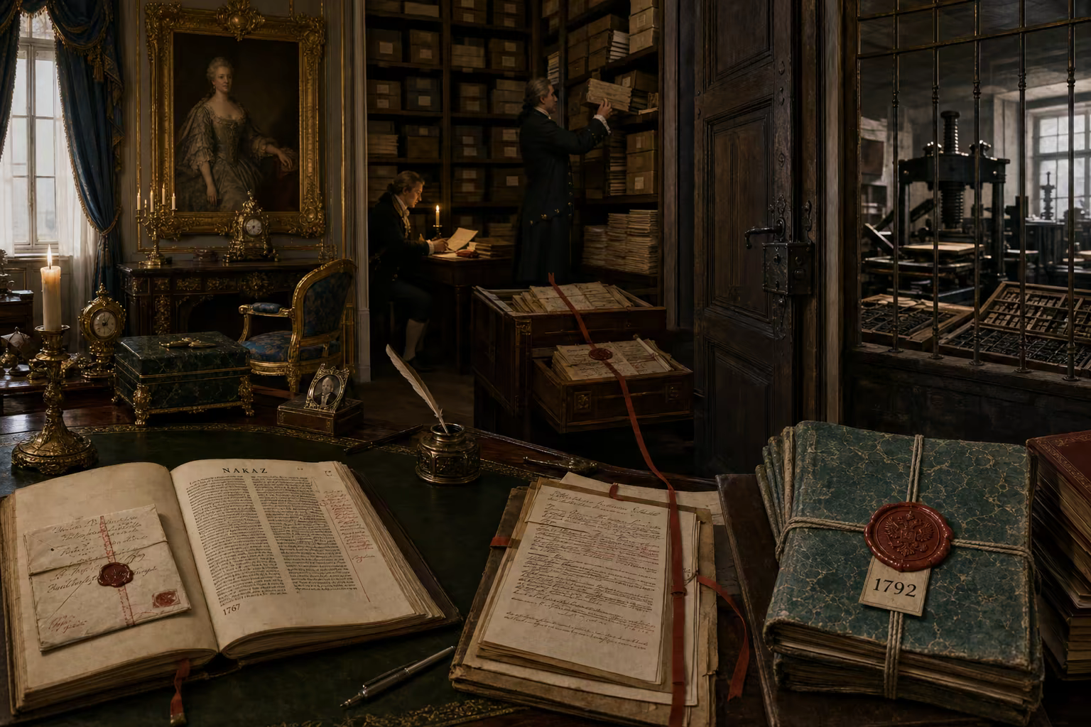 A marked European letter becomes an authenticated page of Catherine II’s Nakaz, then reaches a Moscow printing warehouse closed under an imperial police seal.