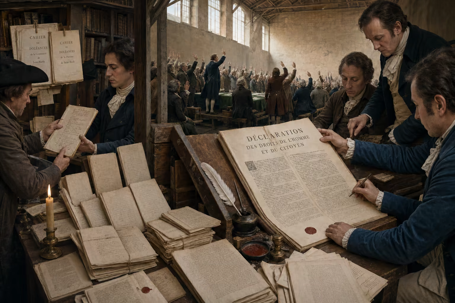 Cahiers and pamphlets move from a Paris stall into the Tennis Court oath and the readable text of the Declaration of the Rights of Man and of the Citizen.