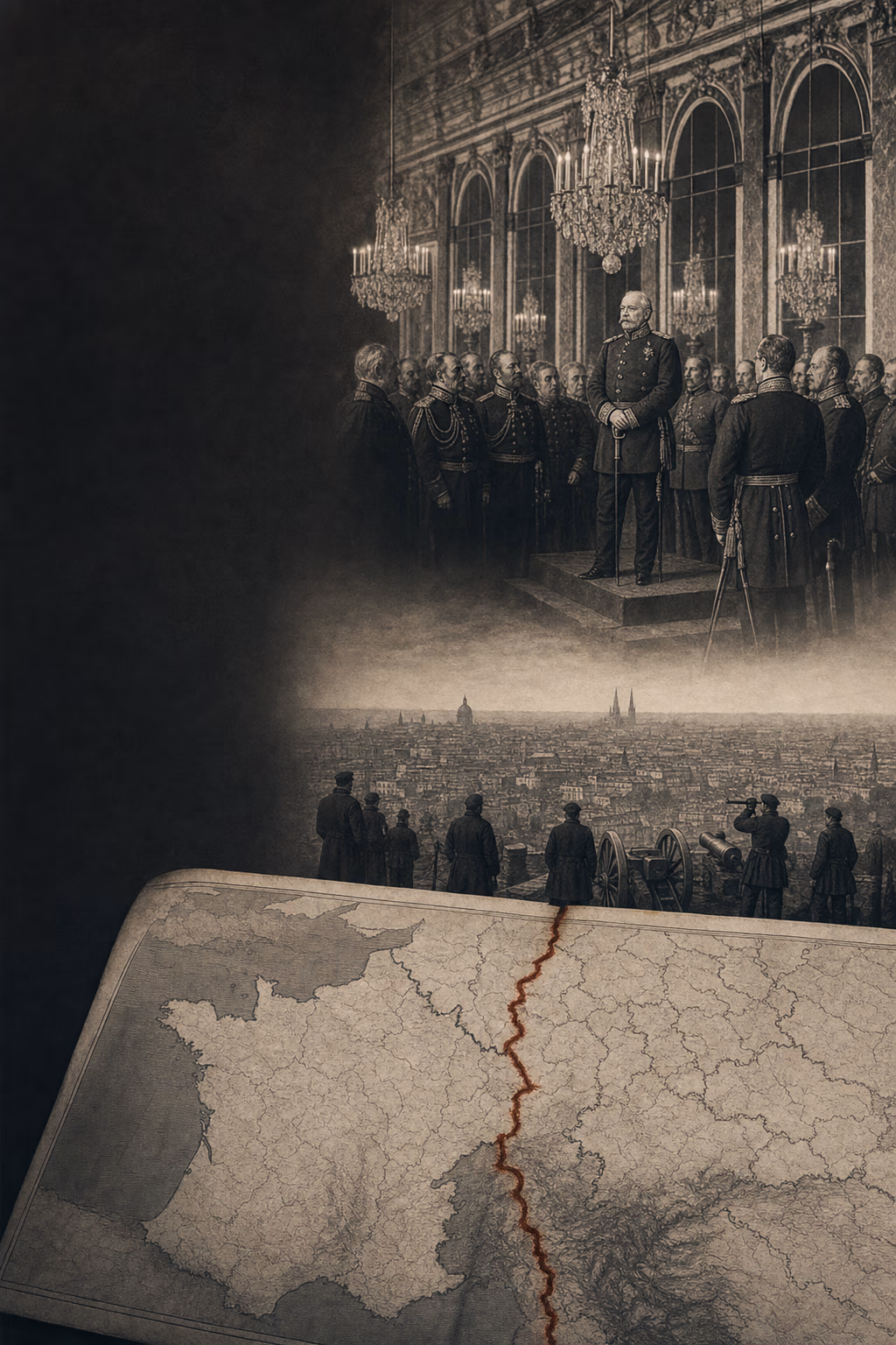 German princes gather around Wilhelm I in the Hall of Mirrors as a dated map marks the new empire and the annexed provinces of Alsace and Lorraine.