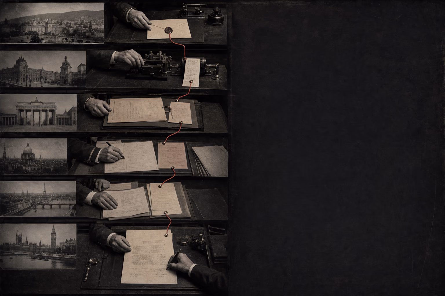 Six dated desks carry the Sarajevo report, German assurance, Austro-Hungarian ultimatum, Russian mobilisation order, French cabinet papers and British declaration in sequence.
