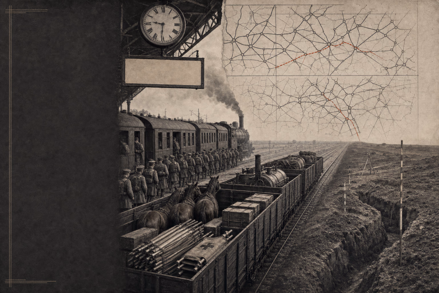A 1914 station sequence aligns German and French operational rail movements before ending on a surveyed trench line after the Marne.