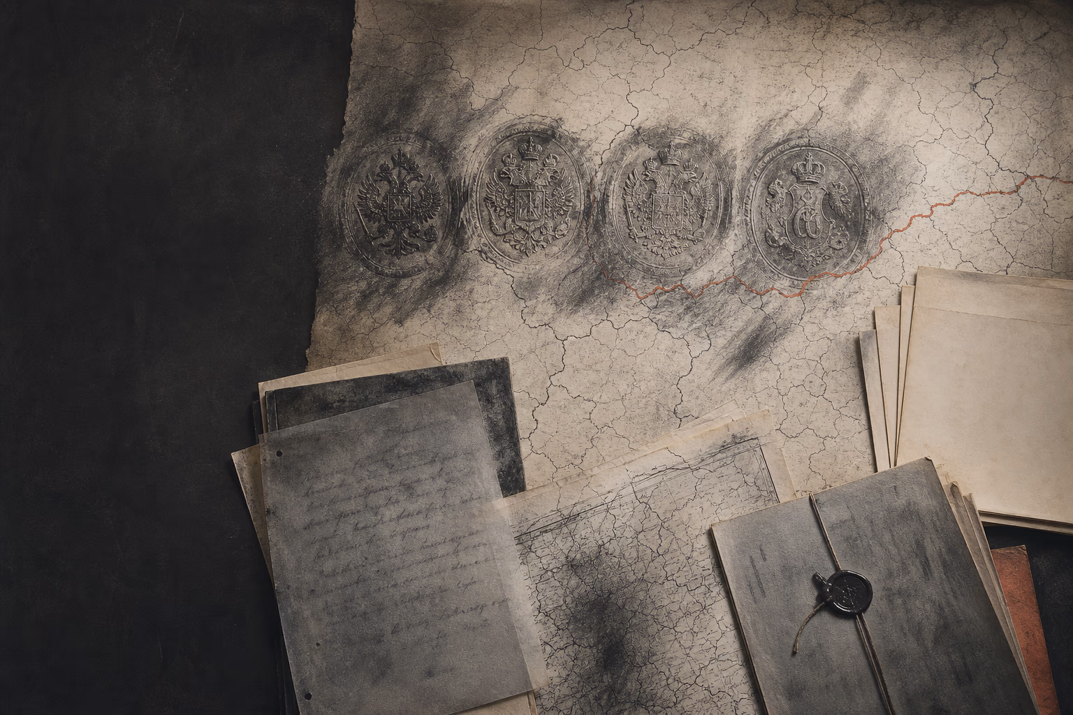 Four imperial seals recede from a dated map while the Decree on Peace, Brest-Litovsk map, national declarations and Compiègne armistice page remain sharp.