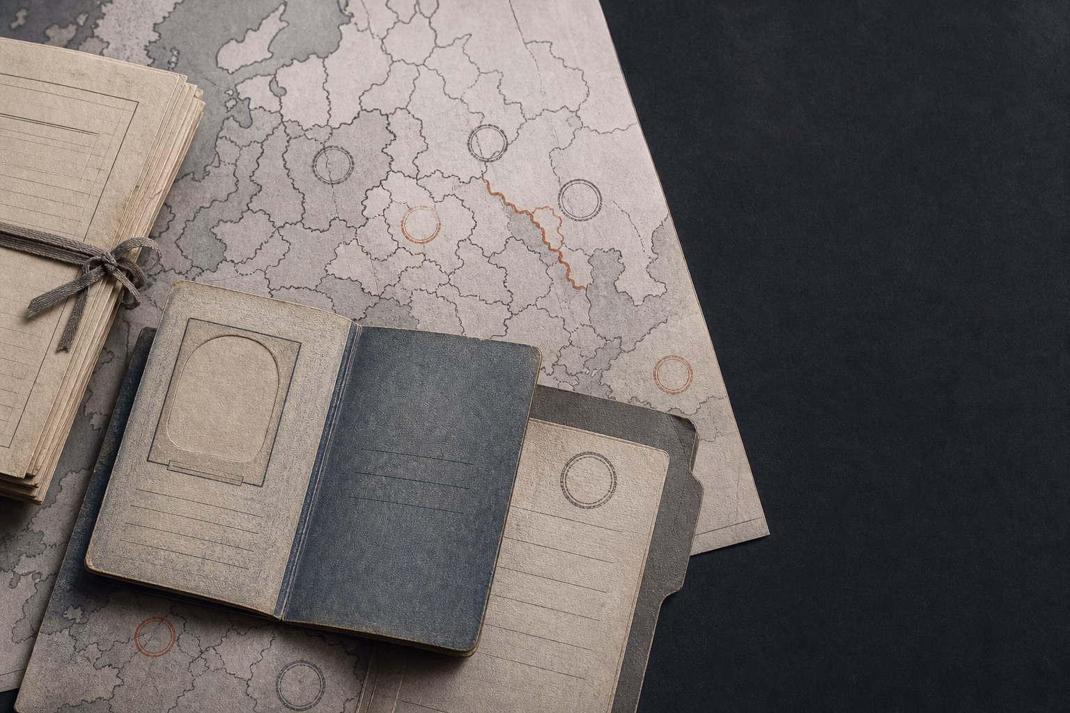 An atlas overlay compares European borders in 1914 and 1919 beside minority treaty terms, a refugee dossier form and a Nansen passport.