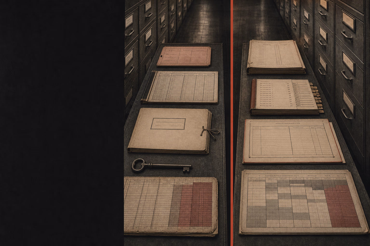 A Fascist party card and squad register remain distinct from a Bolshevik congress record and Soviet planning form along a parallel record corridor.