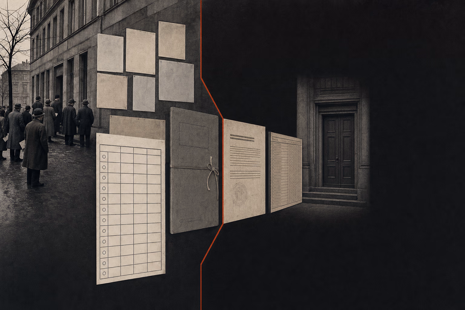 A Berlin employment office, plural election posters, the Reichstag Fire Decree and the Enabling Act narrow toward a single stamped field of authority.