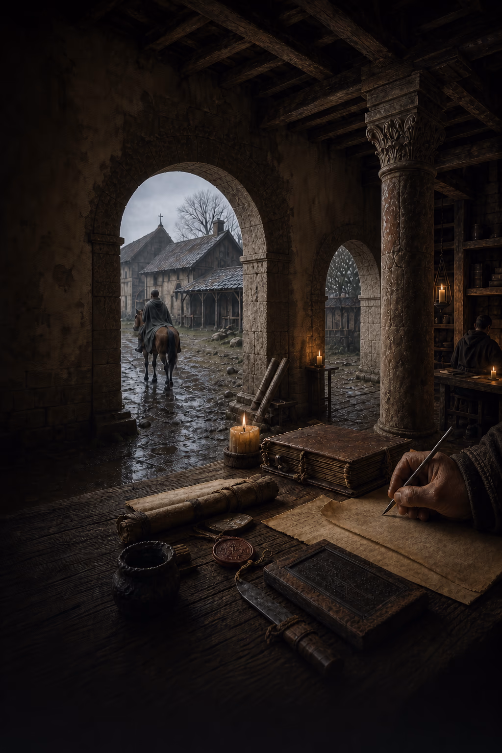 A cleric writes beside wax tablets and bound books in a reused Roman hall while a mounted messenger enters a muddy post-imperial town through a round arch.