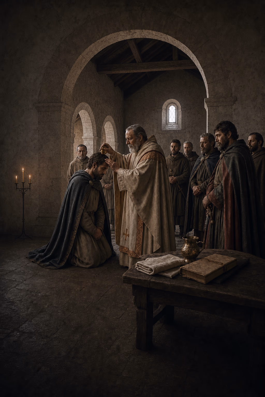 A Frankish king kneels for papal anointing in a modest eighth-century basilica while clerics and magnates witness.