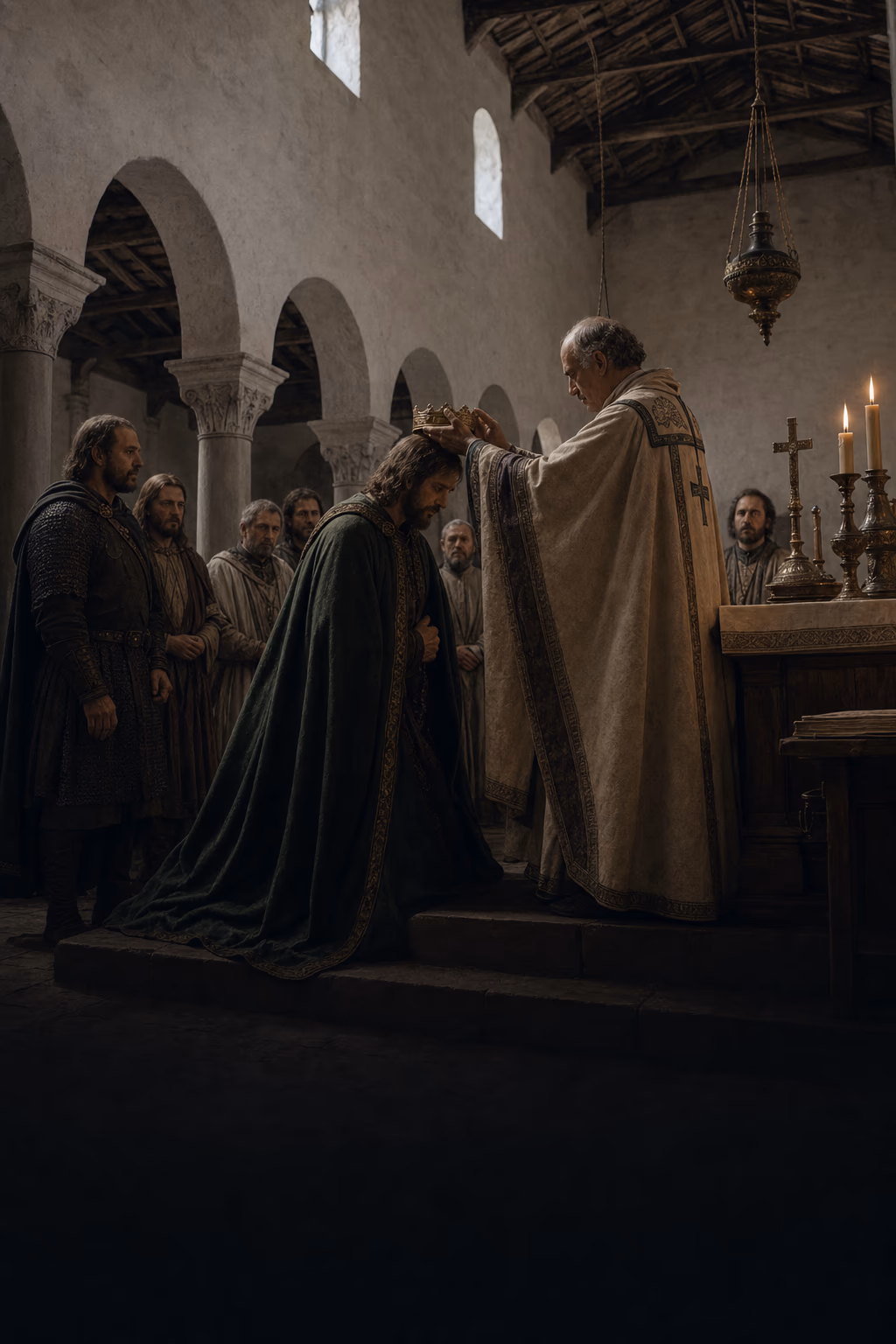 Pope Leo III crowns Charlemagne in candlelit Old St Peter’s before clergy and a Roman assembly on Christmas Day 800.
