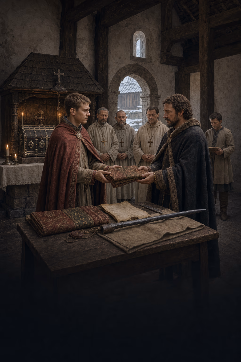 Otto III and Bolesław Chrobry exchange gifts beside Adalbert’s shrine as clergy and envoys witness the Gniezno meeting of 1000.