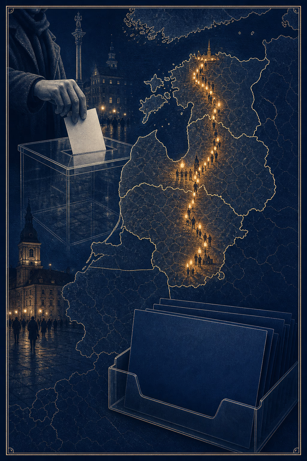 A dated atlas joins Poland’s June 1989 ballot, the Baltic Way, restored Baltic state seals and the diplomatic routes of renewed independence.