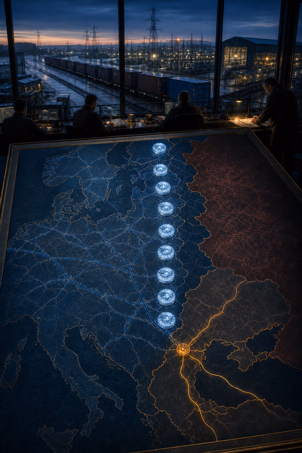 The Hague commitment, nine eastern-flank battlegroup nodes and the Ankara pledge resolve into a dawn logistics corridor of rail crews, engineers and civil planners.