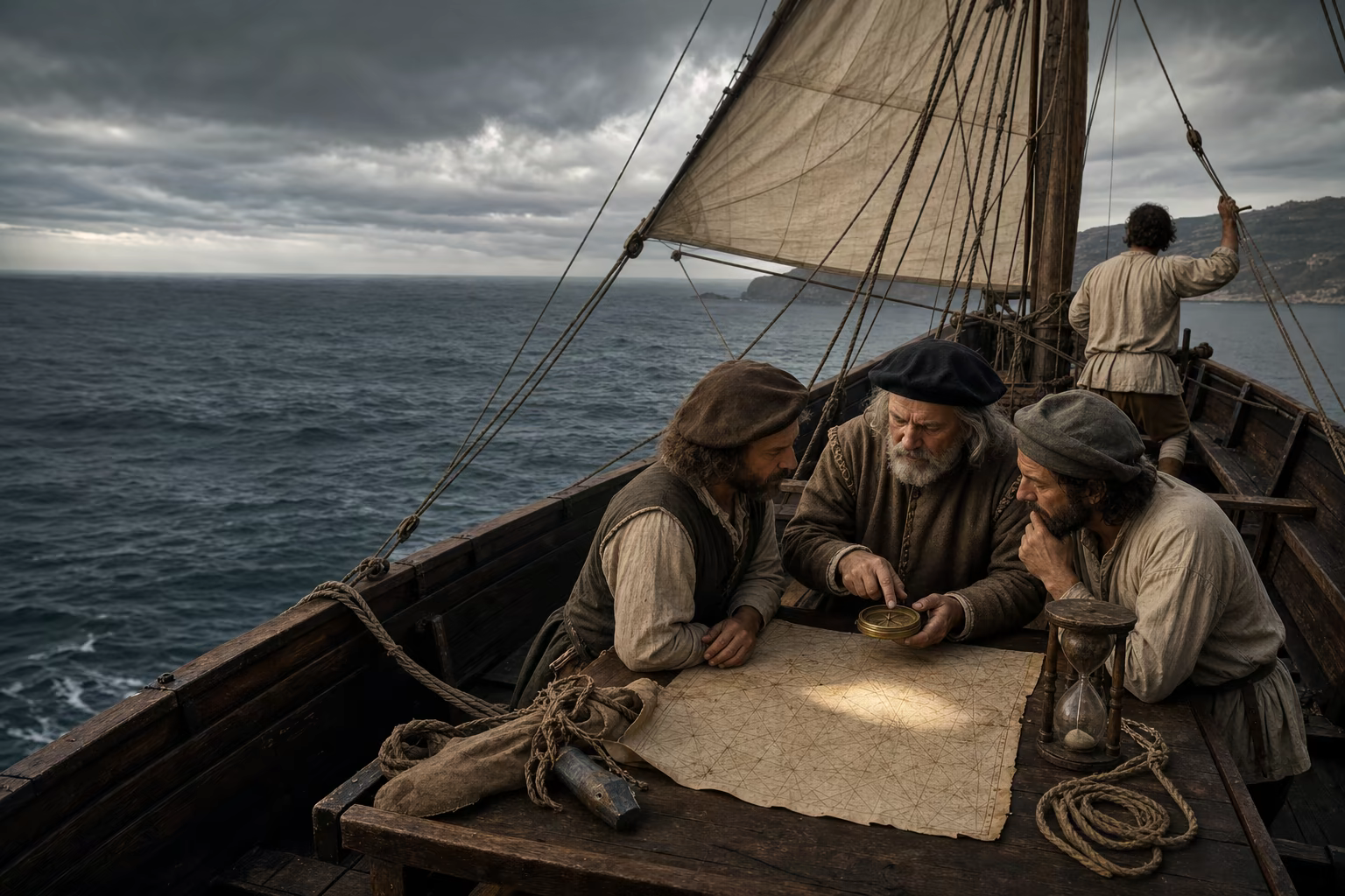 Sailors take compass and wind observations as their vessel turns west from the African coast into the North Atlantic.