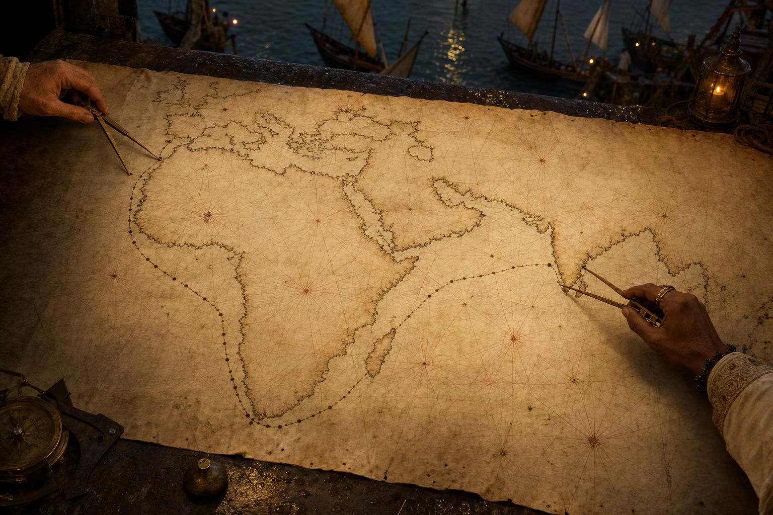 An African coast chart opens into the Indian Ocean as an East African pilot's monsoon route reaches Calicut.