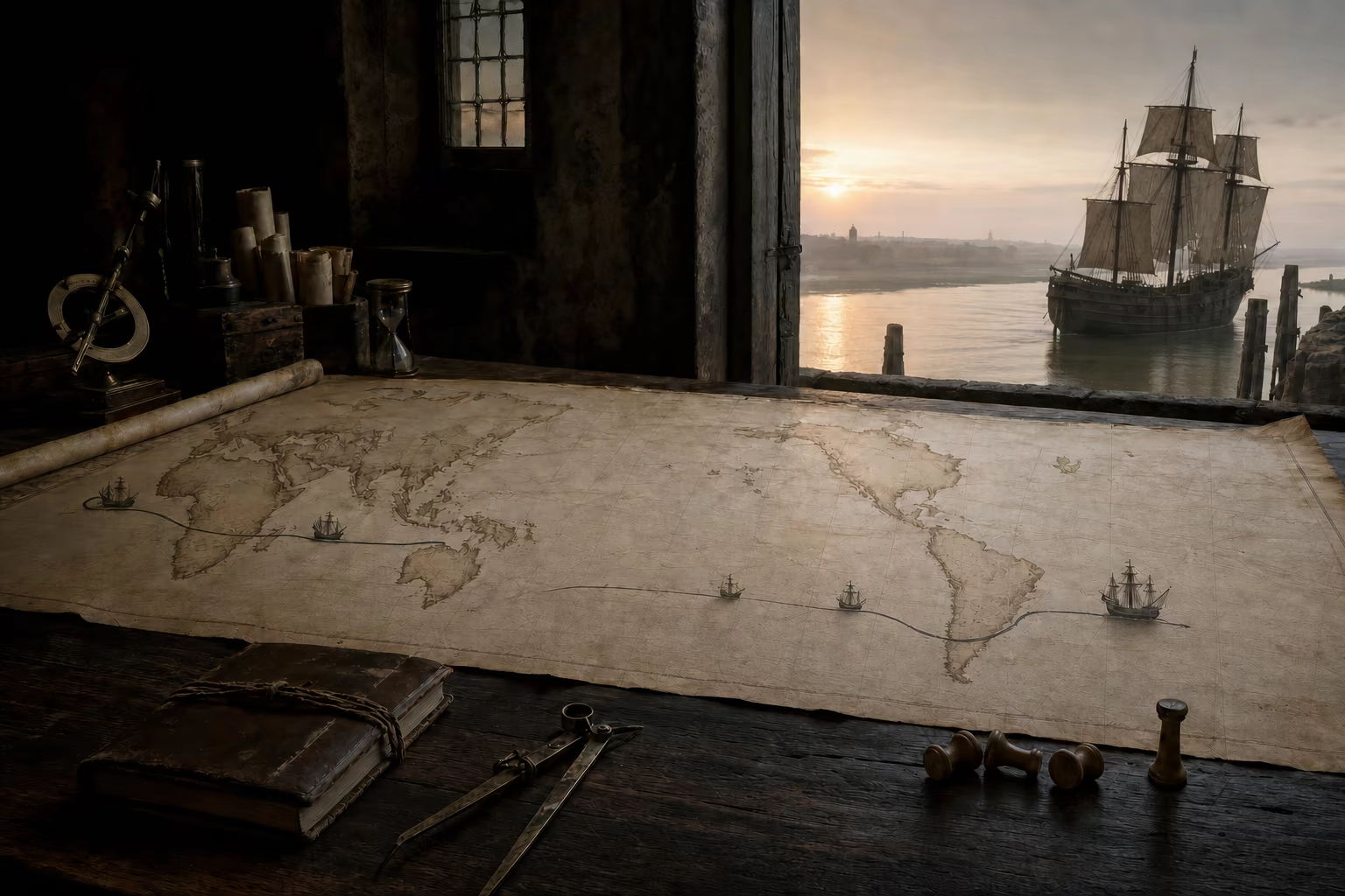 Five engraved ship marks diminish to the battered Victoria as its route closes around a globe dominated by the Pacific.