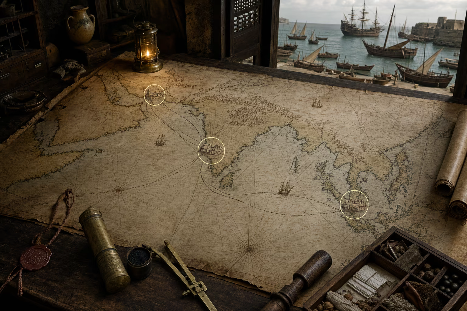 Harbour plans of Goa, Malacca and Hormuz connect forts, factors and armed ships through seasonal monsoon routes.