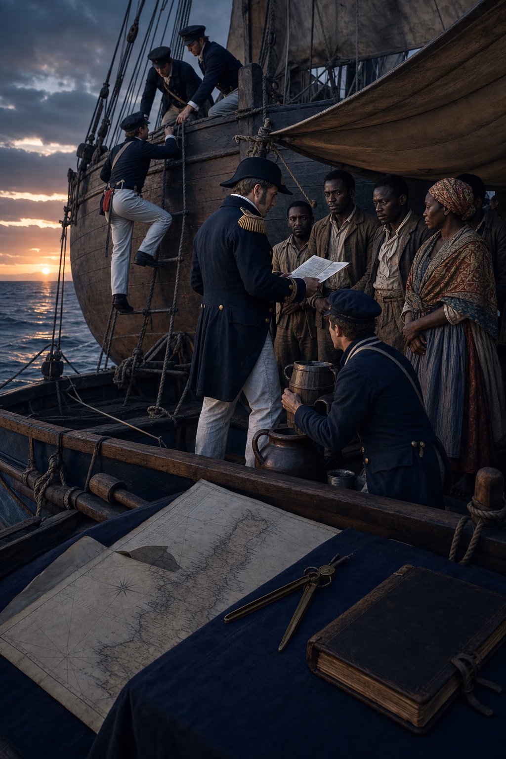 Royal Navy sailors board an Atlantic slave ship at dawn as rescued captives wait under protection beside the ship’s register.