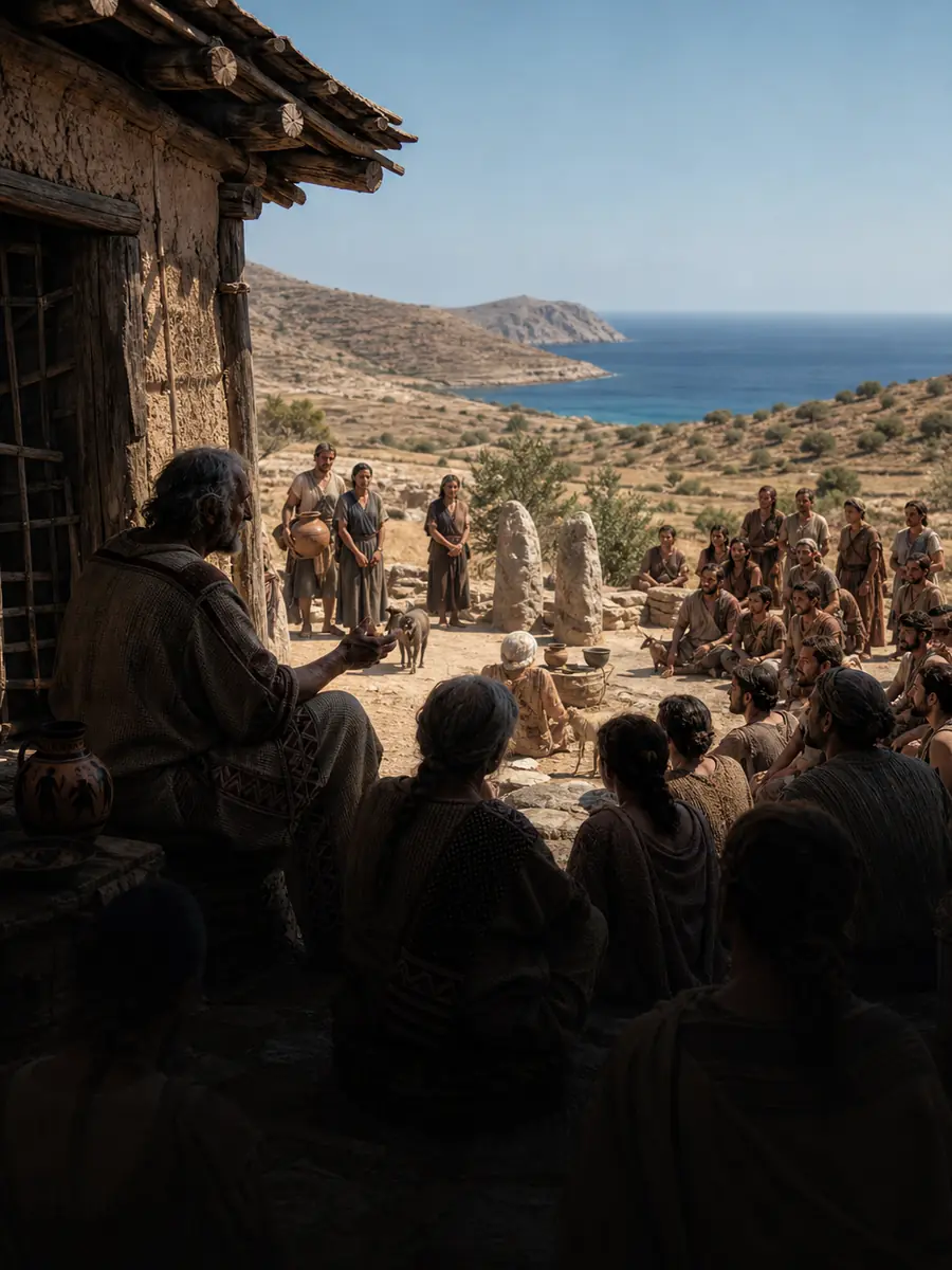 An early Greek singer leaves a firelit hall as families gather in a sunlit sanctuary court without a palace.