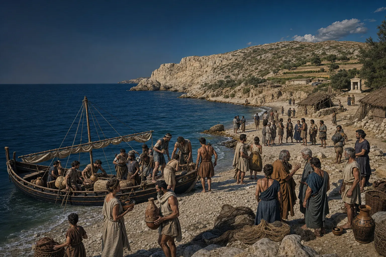 Greek settlers bring fire and household goods ashore beside an inhabited Mediterranean harbour.