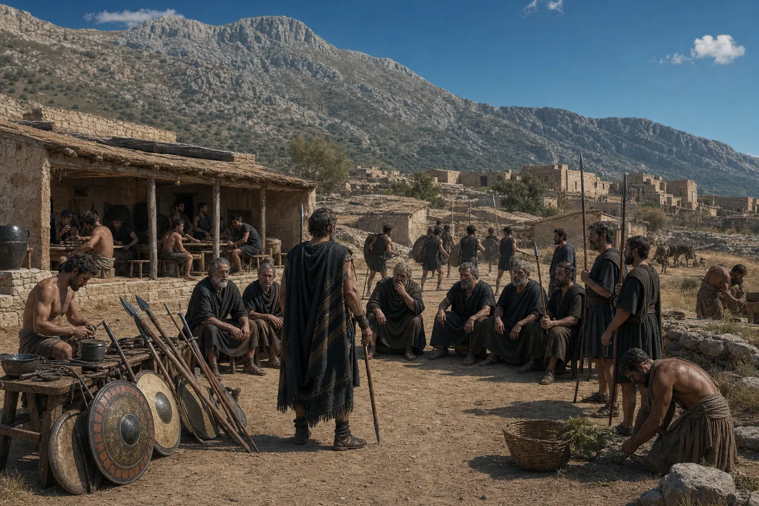 A Spartan king returns from campaign toward elders and civic overseers while mess and drill continue beyond.