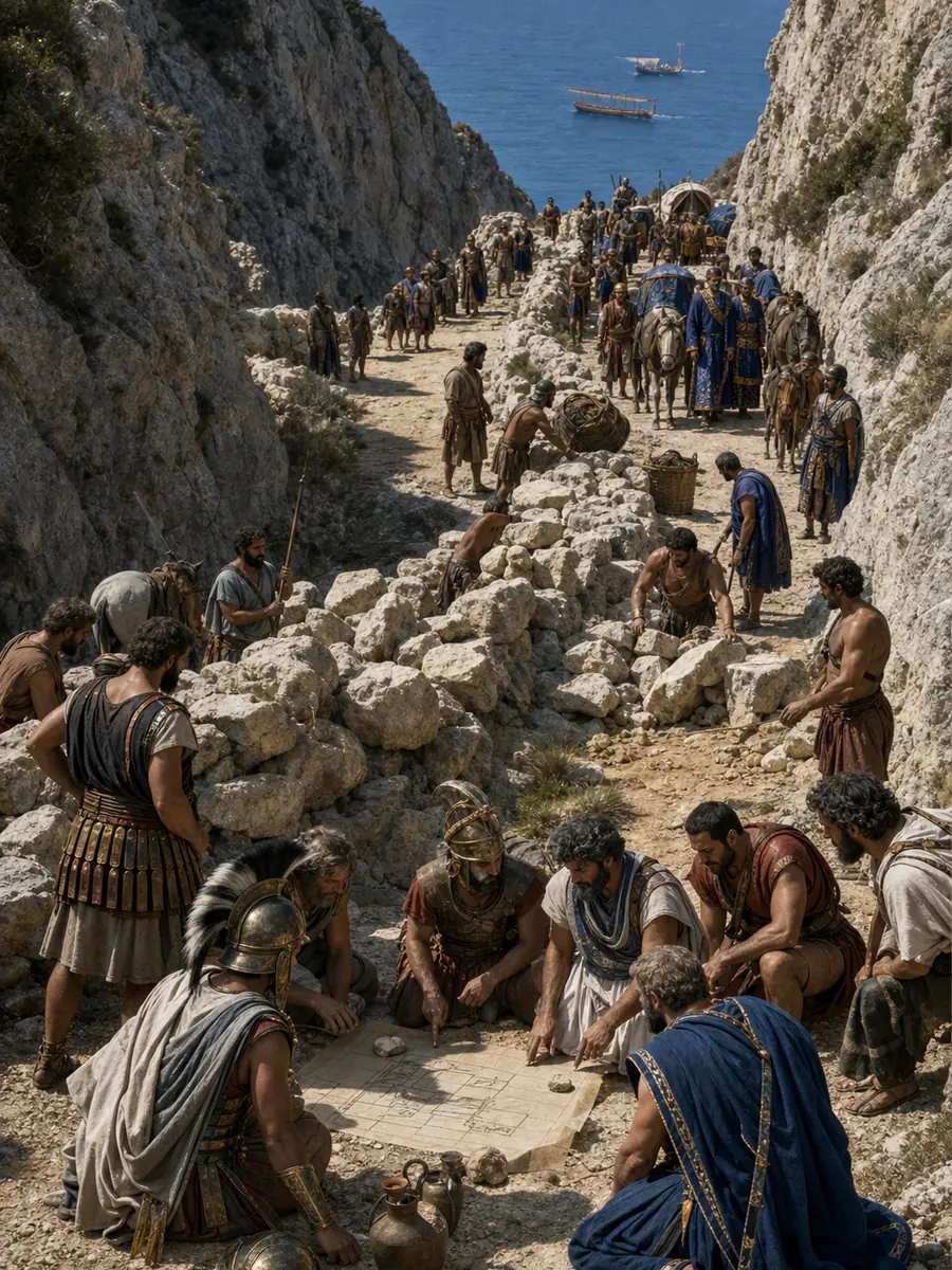 Greek delegates accept Spartan command as soldiers close the pass at Thermopylae and allied ships wait offshore.