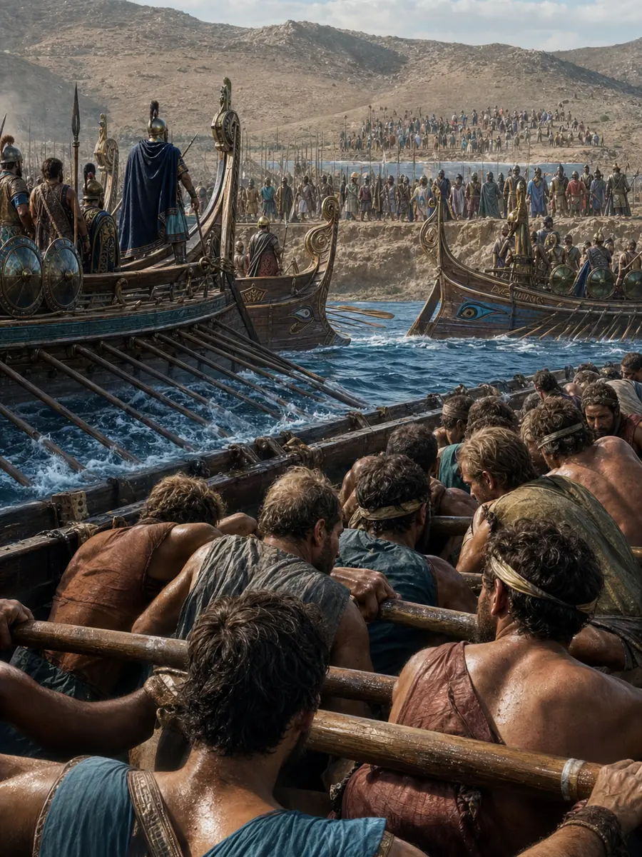Athenian rowers drive allied triremes through Salamis as the scene resolves into the Greek line at Plataea.