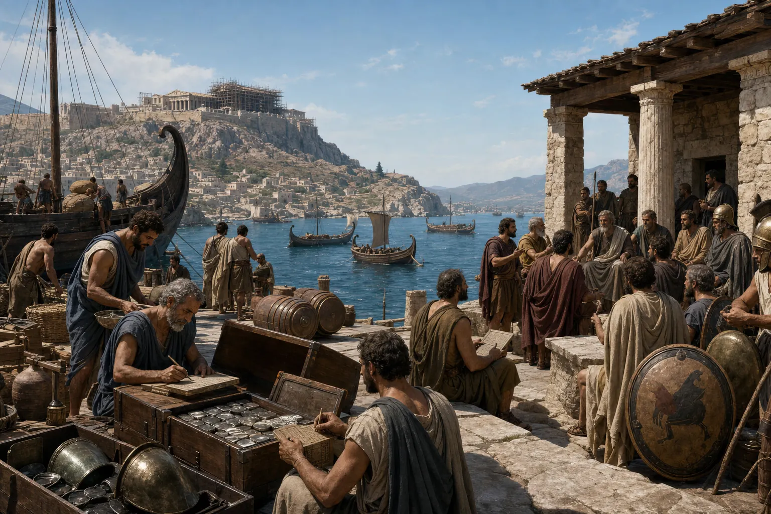Allied tribute converges on Athens while delegates gather around Sparta across a divided Aegean.