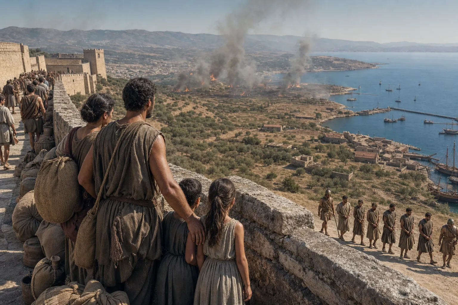 An Athenian farmer watches Attic fields burn from the Long Walls as Spartan prisoners cross from Sphacteria.