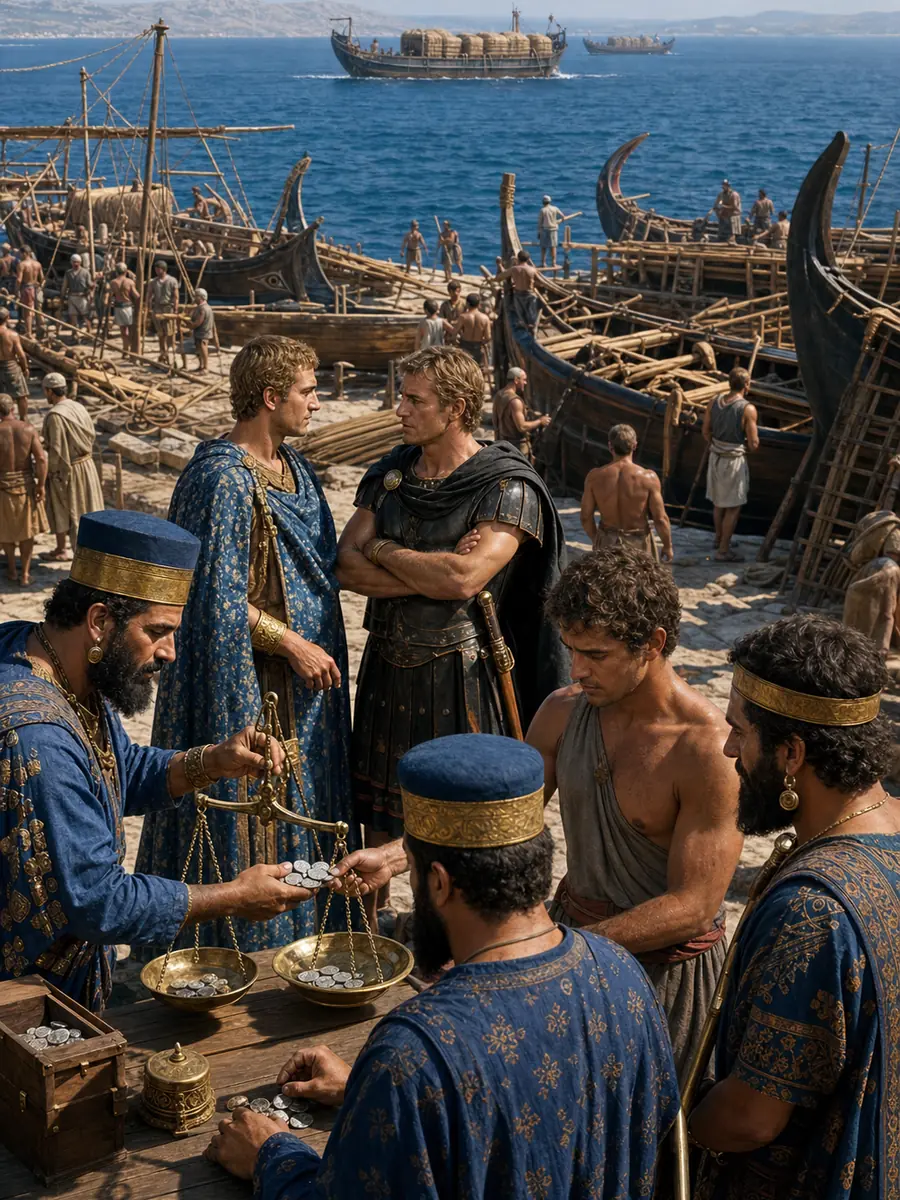 Persian silver pays a Spartan fleet as Sicily, Decelea and the closed grain route appear across the war map.