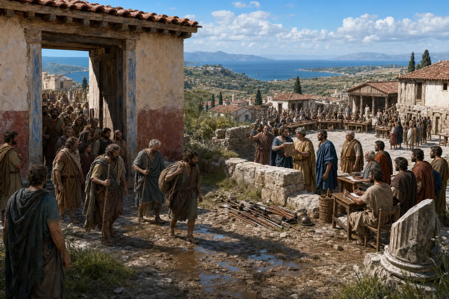 Democratic exiles descend from Phyle as Spartan garrisons, Theban victory and later civic assemblies unfold across Greece.