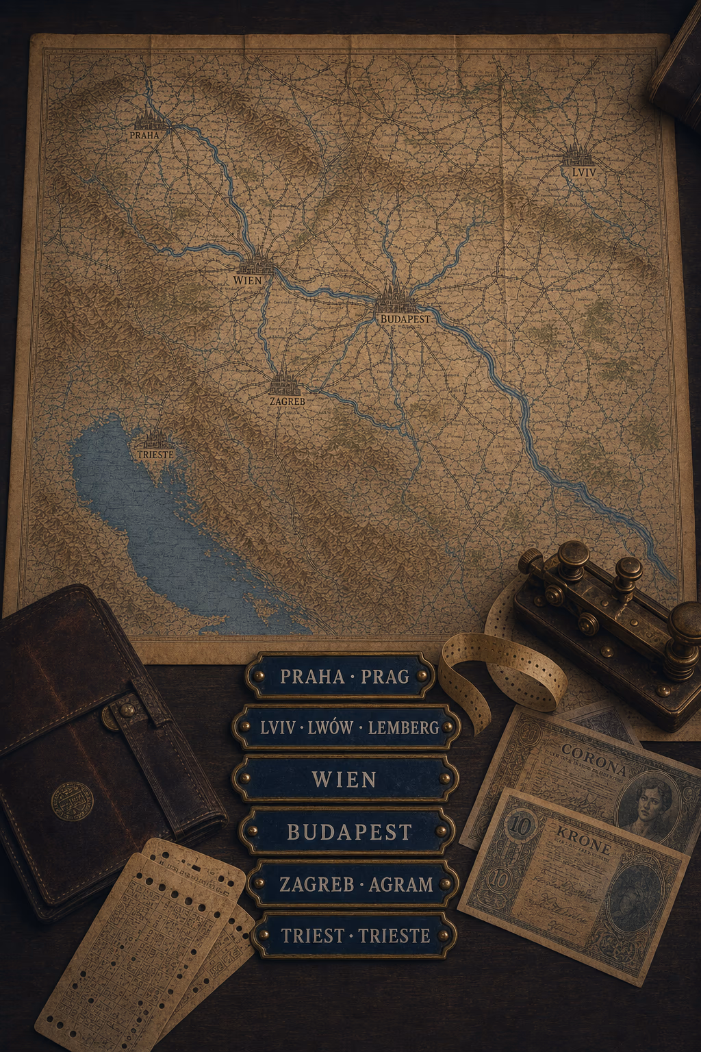 A period rail-and-river map braids Prague, Lviv, Budapest, Zagreb, Trieste and Vienna beside a folding ticket wallet, enamel station names, telegraph tape and krone notes.