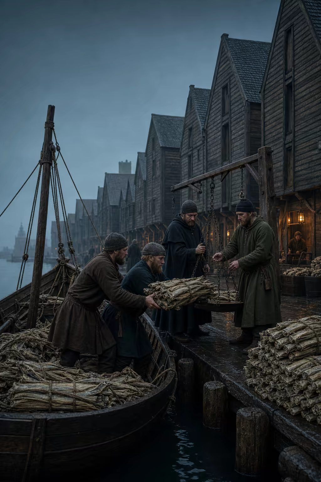 A low winter dawn over medieval Vågen, with Norwegian sailors unloading stockfish beside Low German merchants at the dark timber yards of Bryggen.