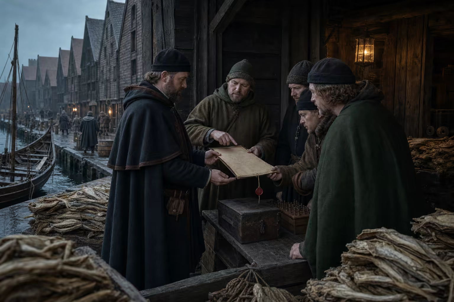 A Norwegian royal officer presents a sealed privilege at a medieval Bryggen warehouse threshold while merchants inspect its toll marks and clauses.