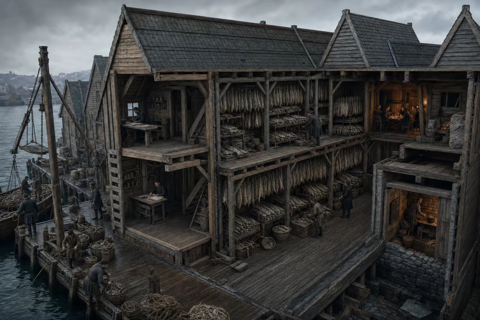 A cutaway reconstruction of a medieval Bryggen yard showing its quay, stockfish stores, merchant rooms, narrow passage and protected communal fire hall.