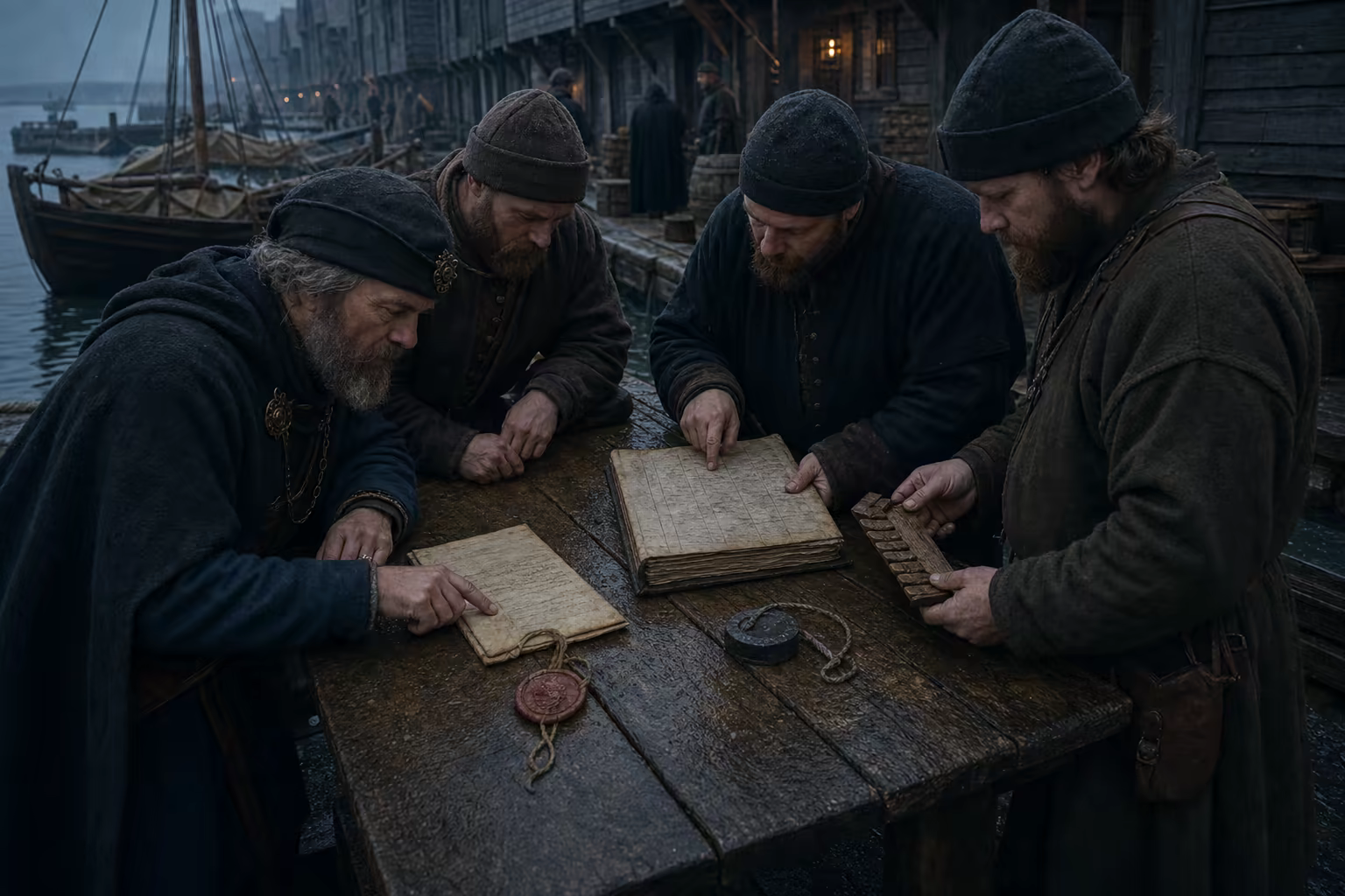 A Norwegian official and German merchant officers compare a royal privilege, city toll record, Kontor seal and yard tally on a Bryggen quay bench.